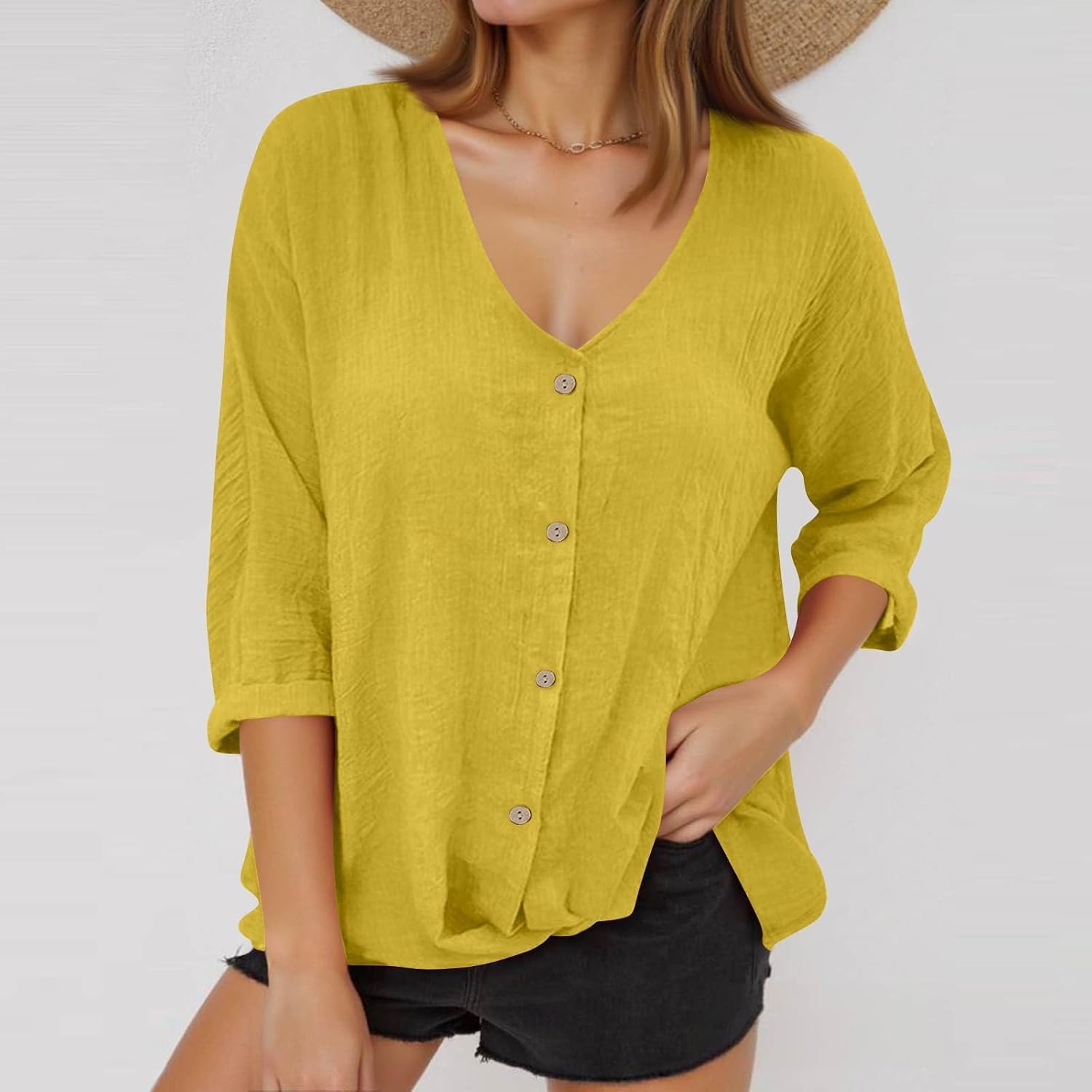 Button Down Shirts for Women Long Sleeve Gauze Shirt Casual Loose Fit V Neck Lightweight Tops Fall Work Blouse