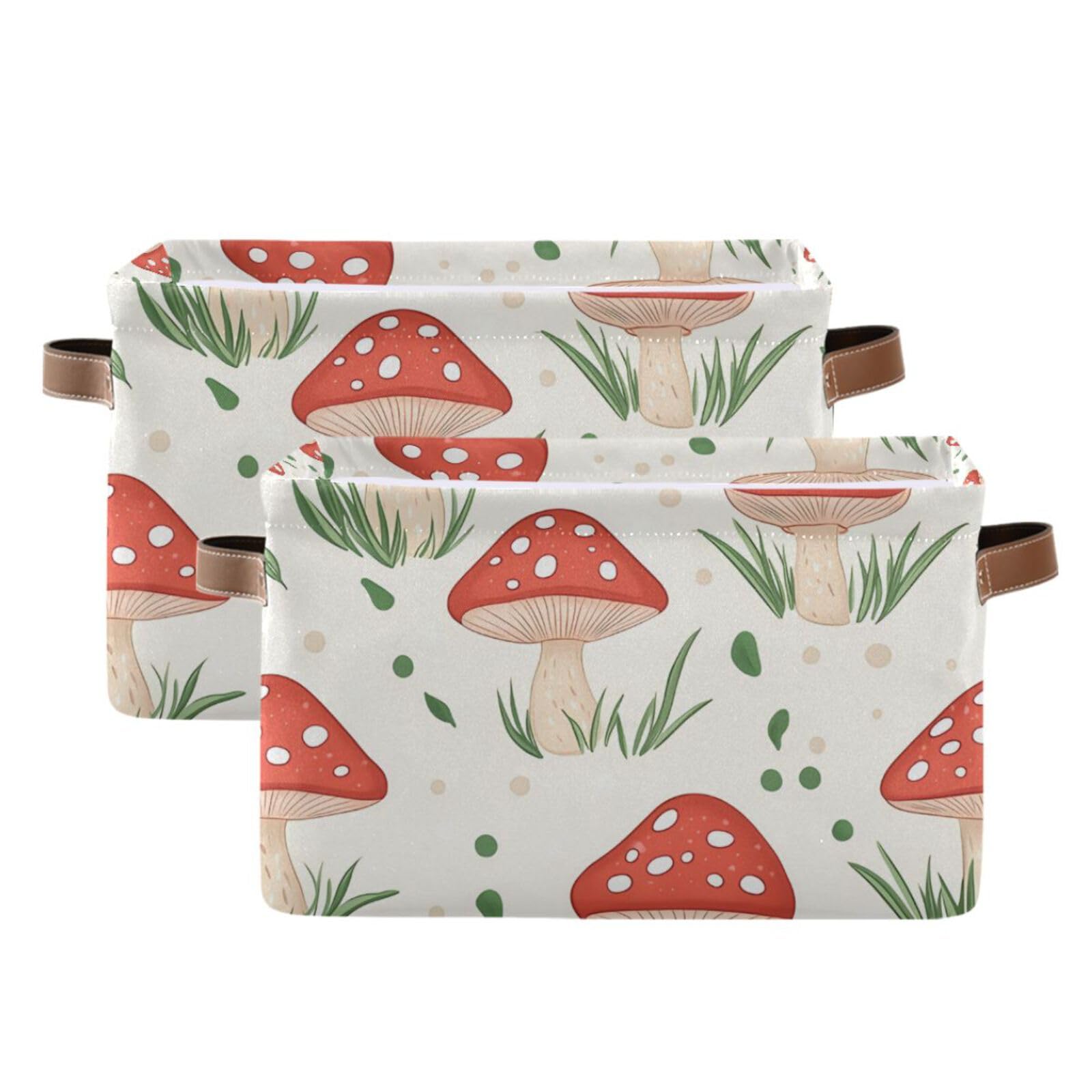 PaChyLuu Red Mushrooms Storage Basket Bin Canvas Fabric Organizer Toys Basket with Handles for Home Office Nursery, Clothes, Gifts, 2 Pcs