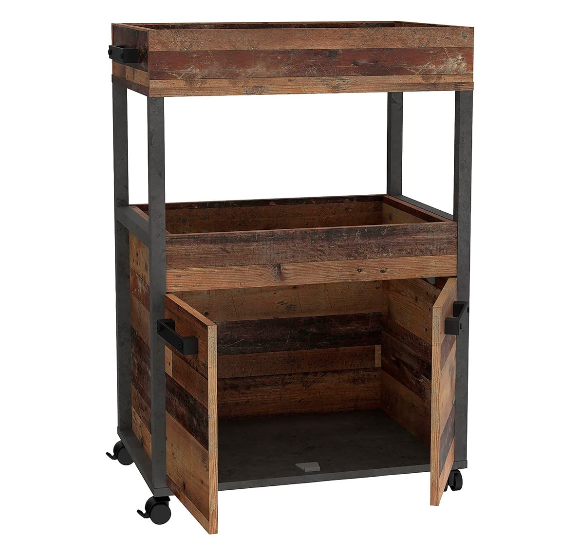 Benji - Mueble bar con 2 puertas y 2 bandejas de almacenamiento, patas sobre ruedas, madera antigua, hormigón oscuro