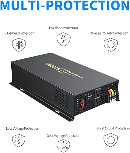 Miniatura 5 de WZRELB Inversor de corriente de onda sinusoidal pura de 4000 W 12 V CC 120 VCA, 2 salidas de CA, control remoto con cable, RV (RBP-400012WR)