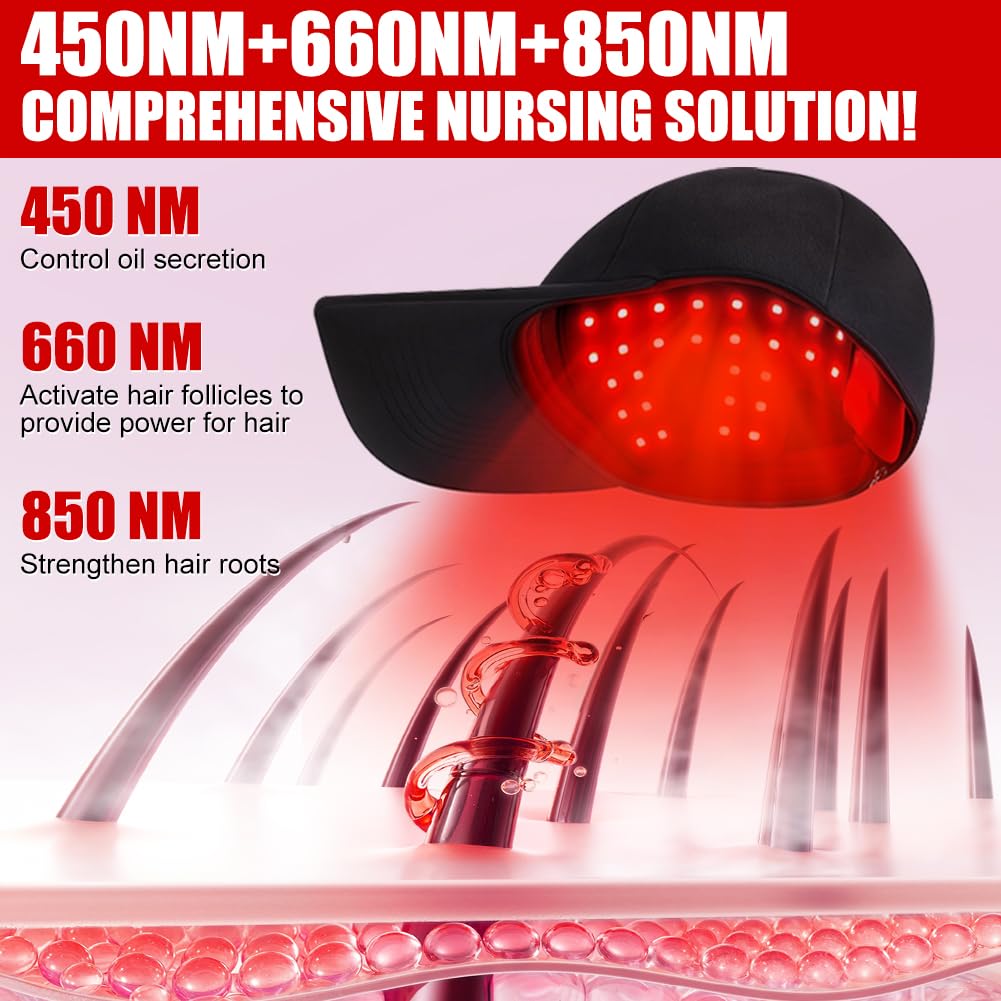 Rotlicht Haare LED Cap, 660nm+450nm+850nm Rotlichtlampe Haarwachstumskappe mit 4 Modi, Abnehmbarem Rotlicht Panel, Red Light Therapy Haare Anti-Haarausfall, Einstellbare Größe Cap für Männer/Frauen