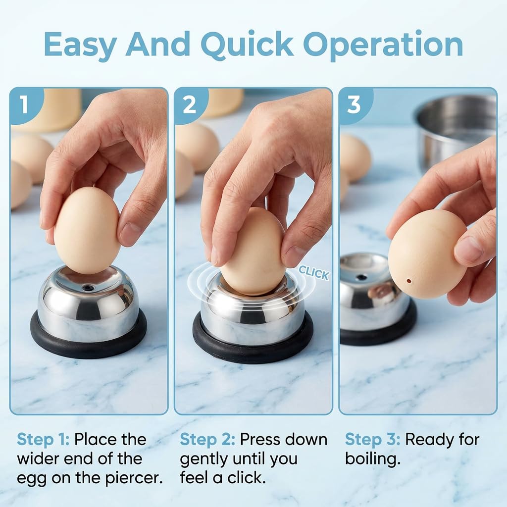 1 Perforador/abridor de huevos de acero inoxidable con cierre de seguridad, perforador de huevos para huevos duros, práctico ayudante de cocina, apto para lavavajillas, negro.