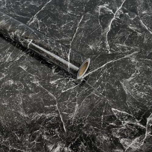 Image of Self Adhesive Decorative Peel Stick Waterproof Marble Wallpaper Wall Decor Removable Wall Paper for Living Room Hall Decoration PVC Vinyl DIY Contact Paper 30x304 CM (Black Marble)