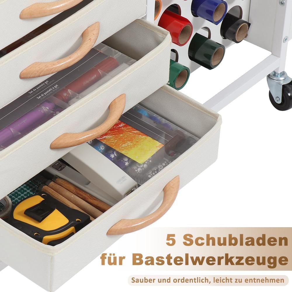 SMONTER Bastelwagen mit 28 Vinylrollenhaltern & 5 Schubladen, Mobiler Rollwagen kompatibel mit Cricut-Maker/Explore, Organizer für Nähatelier und Bastelzimmer, Weiß
