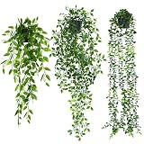 ELTNEGSA Fake Hanging Plants 3 Pack Artificial Hanging Plants Potted Greenery Faux Eucalyptus Vine M
