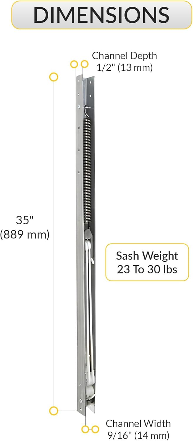 Brixwell Window Channel Balance, Aluminum Material, 35" Length, 1/2" Depth, 9/16" Width, for 23 to 30 lbs. Sashes, Compatible with Standard Tracks and Common Frame Replacements, No Sash Guide Attached