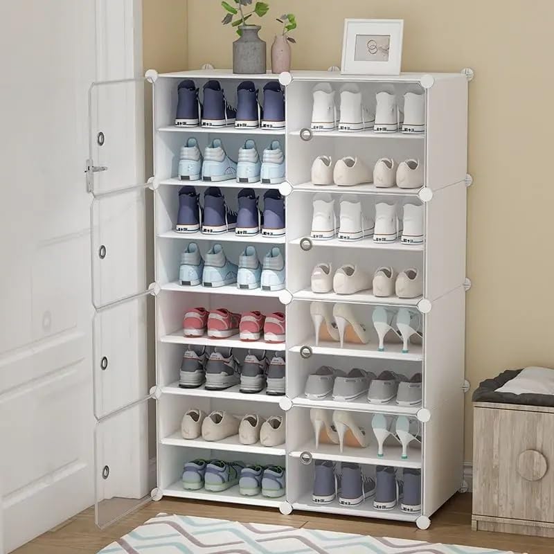 Image of Shoe Rack Multipurpose 5 Shelves Shoe Rack with Zip Door Cover & Side Pockets, Multiuse Wide Shelve,Rack for Footwear, Toys, Clothes (White, 16-Layer)