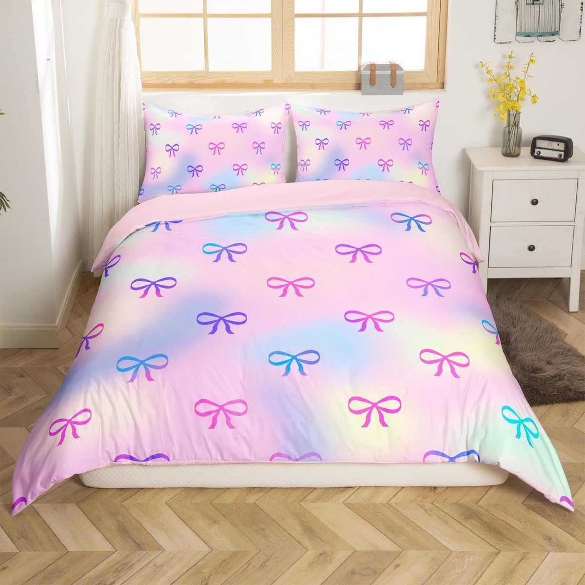 Erosebridal Colorful Gradient Toddler Duvet Cover for Girls, Pastel Rainbow Bedding Set for Kids Teens Women, Iridescent Bowknot Printed Bed Sets, Cute Princess Bedroom Decor, Soft Microfibre