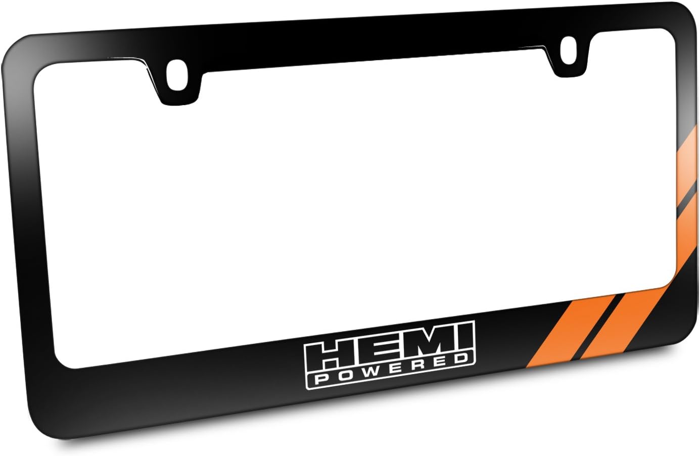 iPick Image Made for HEMI Powered Orange Racing Stripe Black Metal License Plate Frame for Dodge Jeep