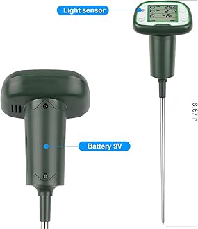 Soil Tester, Soil Moisture/pH Meter, Soil Thermometer, Light, Air Temperature & Humidity Meter, Gardening Farm Lawn Test Kit Tool, for Gardening, Farming,Plants