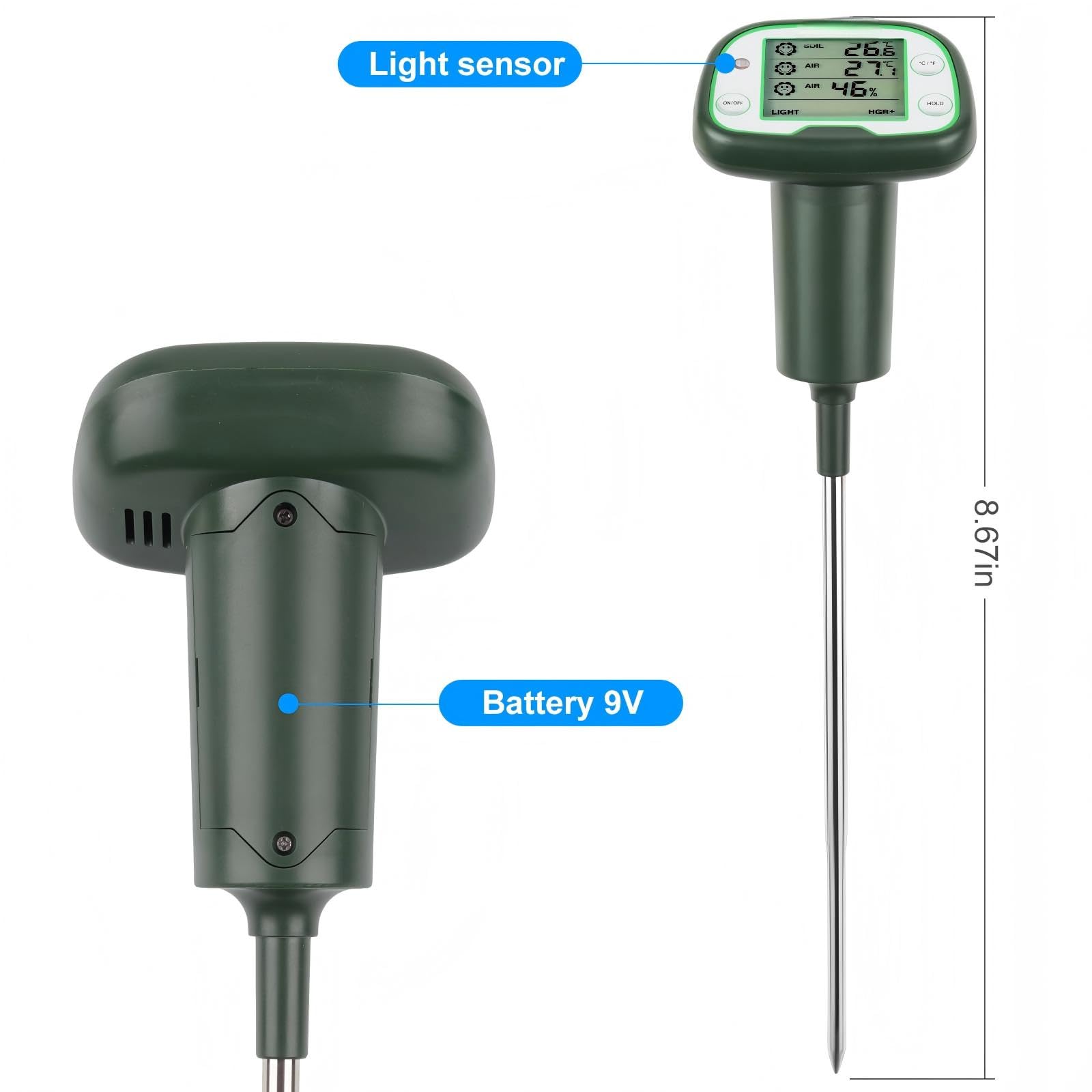 Soil Tester, Soil Moisture/pH Meter, Soil Thermometer, Light, Air Temperature & Humidity Meter, Gardening Farm Lawn Test Kit Tool, for Gardening, Farming,Plants