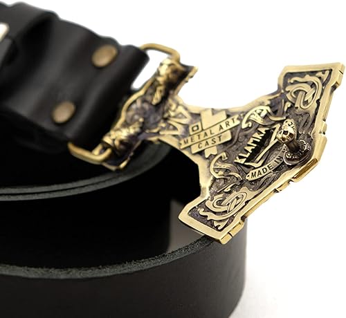 Miniatura 4 de Leather belt with Thor Hammer buckle, Scandinavian Old Norse Viking Mjolnir solid brass belt buckle on 1.5" or 1.8" leather strap