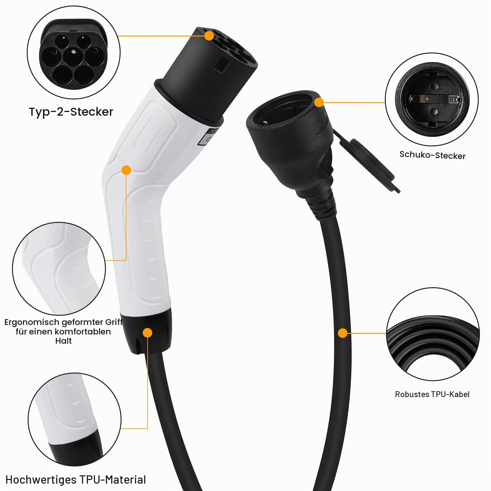 Typ 2 auf Schuko Adapter 16A 3,5kW, 0,7 m, für E-Auto, E-Roller, E-Motorrad, Notstrom Adapter, Ladestation/Wandbox, IEC 62196-2, CE/TÜV/RoHS