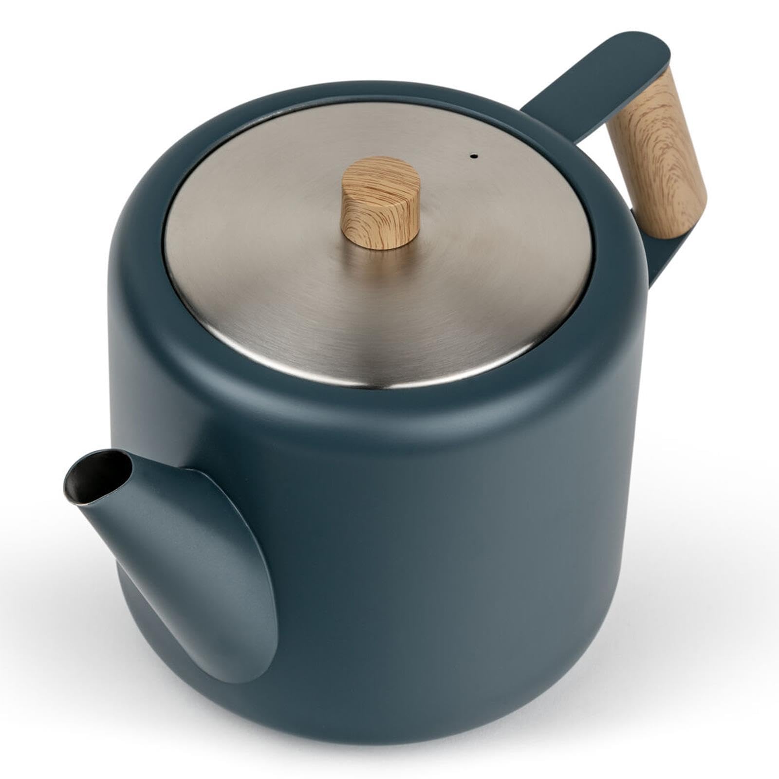 Bredemeijer blaue doppelwandige Teekanne 1.1 Liter aus Edelstahl - große isolierende Edelstahlkanne mit Teefilter-Sieb-Aufsatz & braunem Holzuntersetzer
