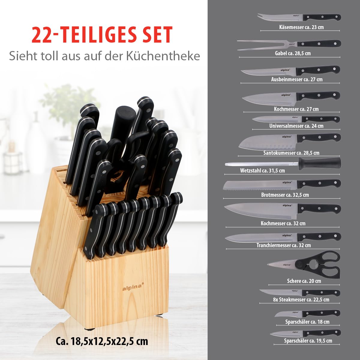 alpina Messerblock 22-Teilig - Messerset mit Block - Küchenmesser Set - 18 Verschiedener Messer - Inkl. Schärfer und Schere mit Antihaftbeschichtung - 21 x 15 x 22 CM - Messerblock aus Holz
