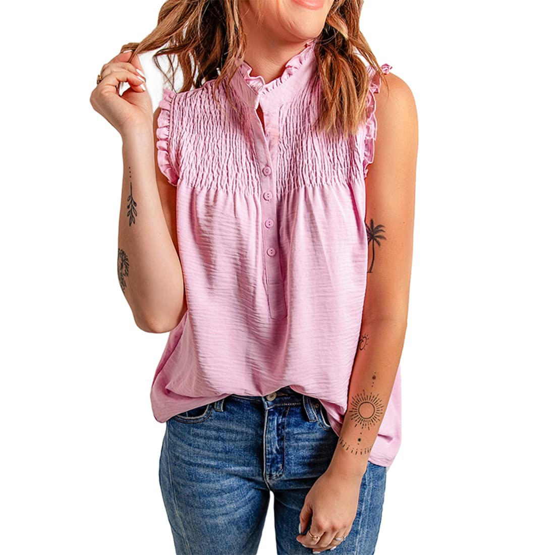 NOMSOCR Women Fashion Pleated Tank Top Summer V Neck Blouse Tops for Woman Sleeveless Shirt