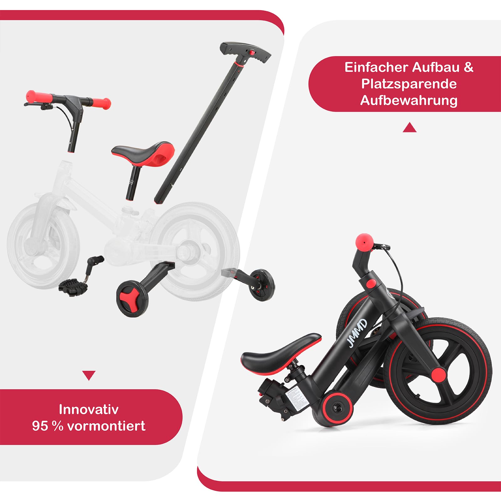 JMMD 6-in-1 Kinderfahrrad mit Stützrädern und Pedalen, Alter 18 Monate-5 Jahre, 12 Zoll Konvertierbares und Faltbares Laufrad & Fahrrad mit Verstellbarem Elternschiebegriff, Ständer, Bremsen