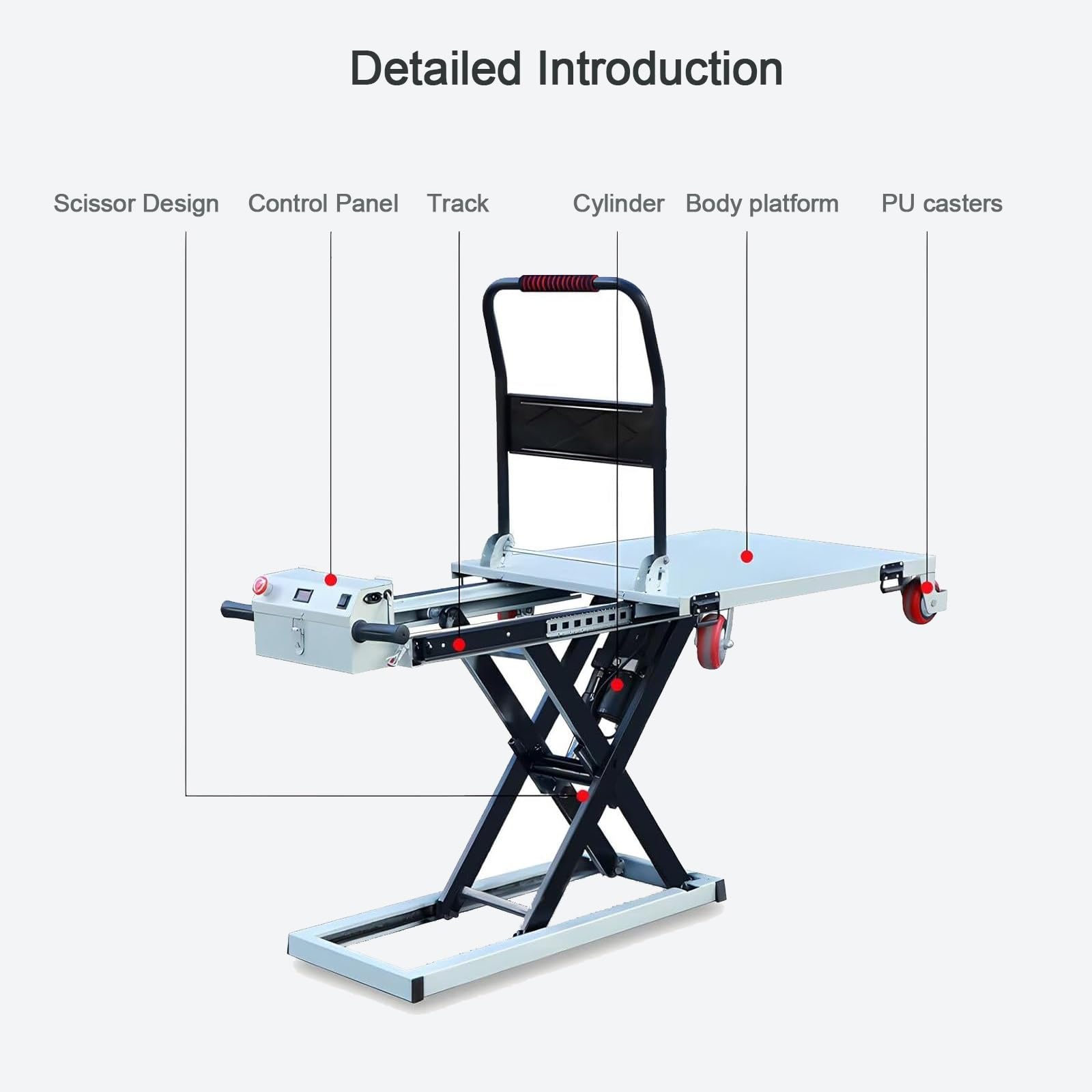 Carrello elevatore elettrico idraulico a forbice, capacità 300 kg, 4 ruote, ideale per movimentazione e trasporto di materiali, attrezzature di sollevamento pesanti e portatili