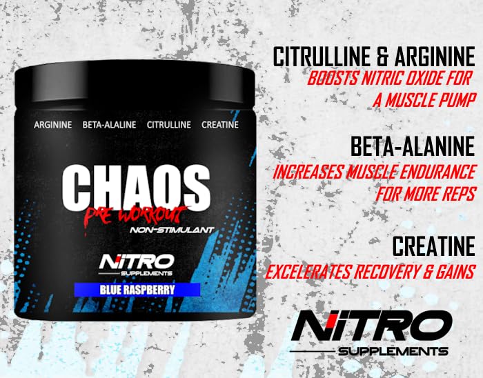 Image of Nitro Supplements - Chaos - Non Stim Pre-Workout (30 Sevings) Beta-Alanine, L-Citrulline, Arginine, Creatine, Taurine Stim-Free Non-Stimulant (30 Servings, Blue Raspberry)