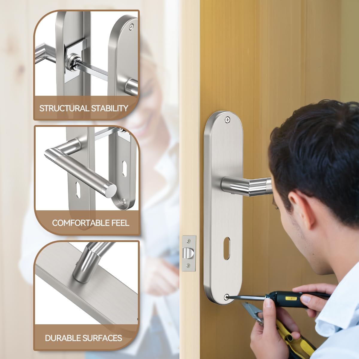 Set Maniglie Vachette Su Piastra Grande – Versione Chiave L, Interasse 195mm, Alluminio Argento, Per Porte Camera E Ufficio, Facile Da Montare