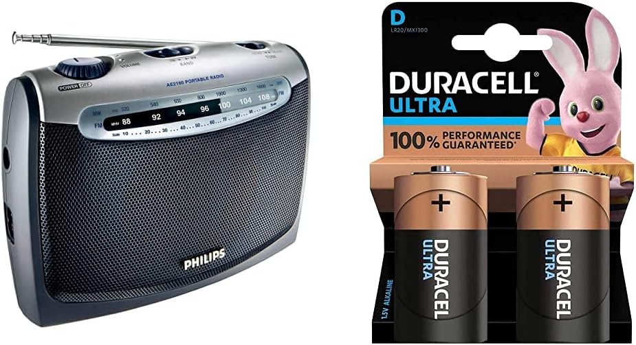 Philips AE2160 Radio Portable Bleu et Gris & Duracell Ultra, Lot de 2