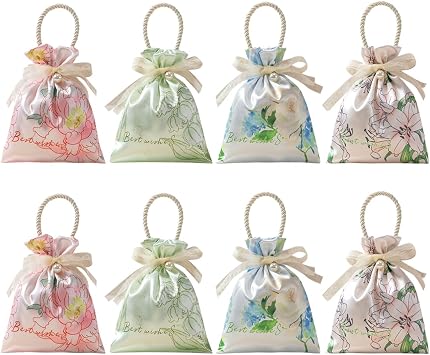 Snadulor 8Pcs Floral Satin Drawstring Bags Silk Satin Drawstring Gift Bag with Handles Silk Flower Jewelry Pouches Tea Party Favor Bags for Wedding Birthday Party