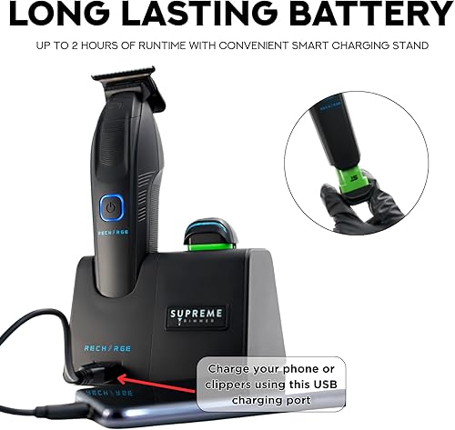 Miniatura 8 de Supreme Trimmer Recharge ST777 - Recortadora de barbero profesional con 2 baterías extraíbles  Motor de 8000 RPM, cuchillas DLC de espacio cero,
