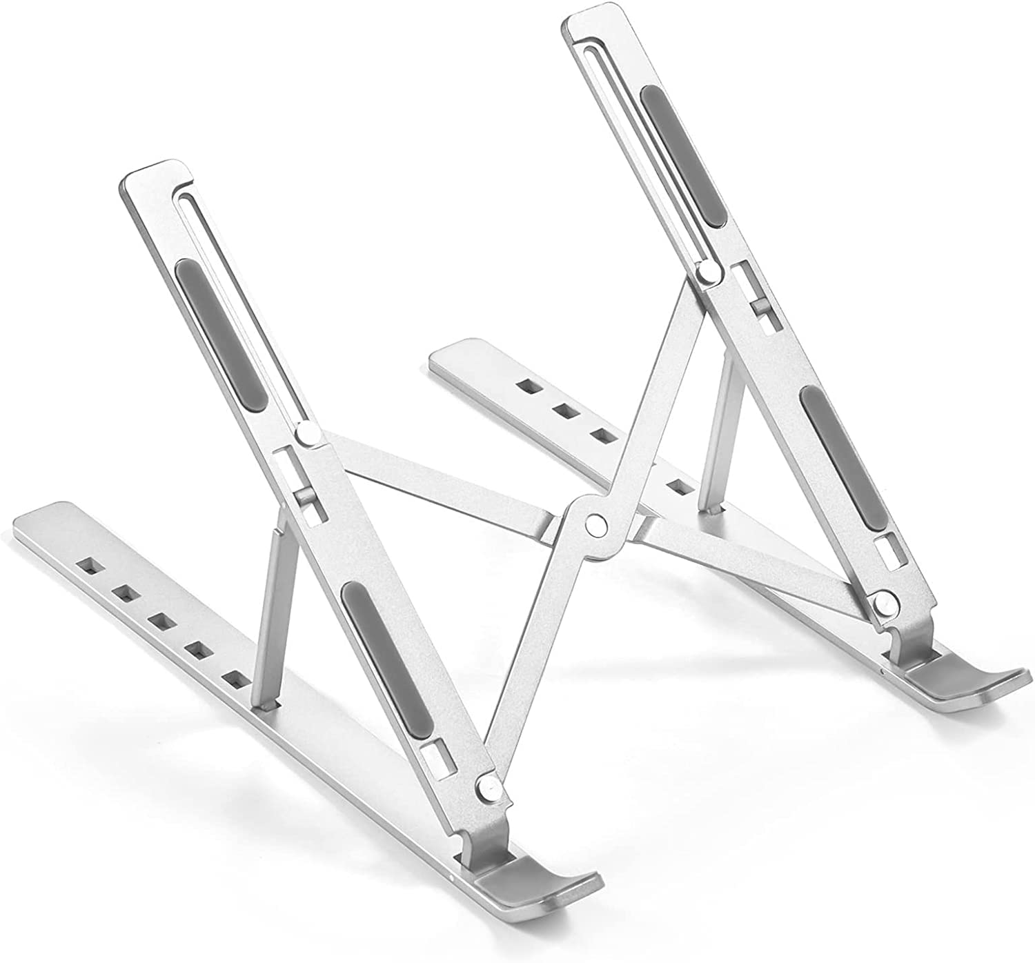 VeeDee Portable Laptop Stand, Metal Foldable Riser with 6 Adjustable Height Levels, Ergonomic Ventilated Desktop Holder Compatible with MacBook, iPad, and 10-15.6 Inch Notebooks – Silver