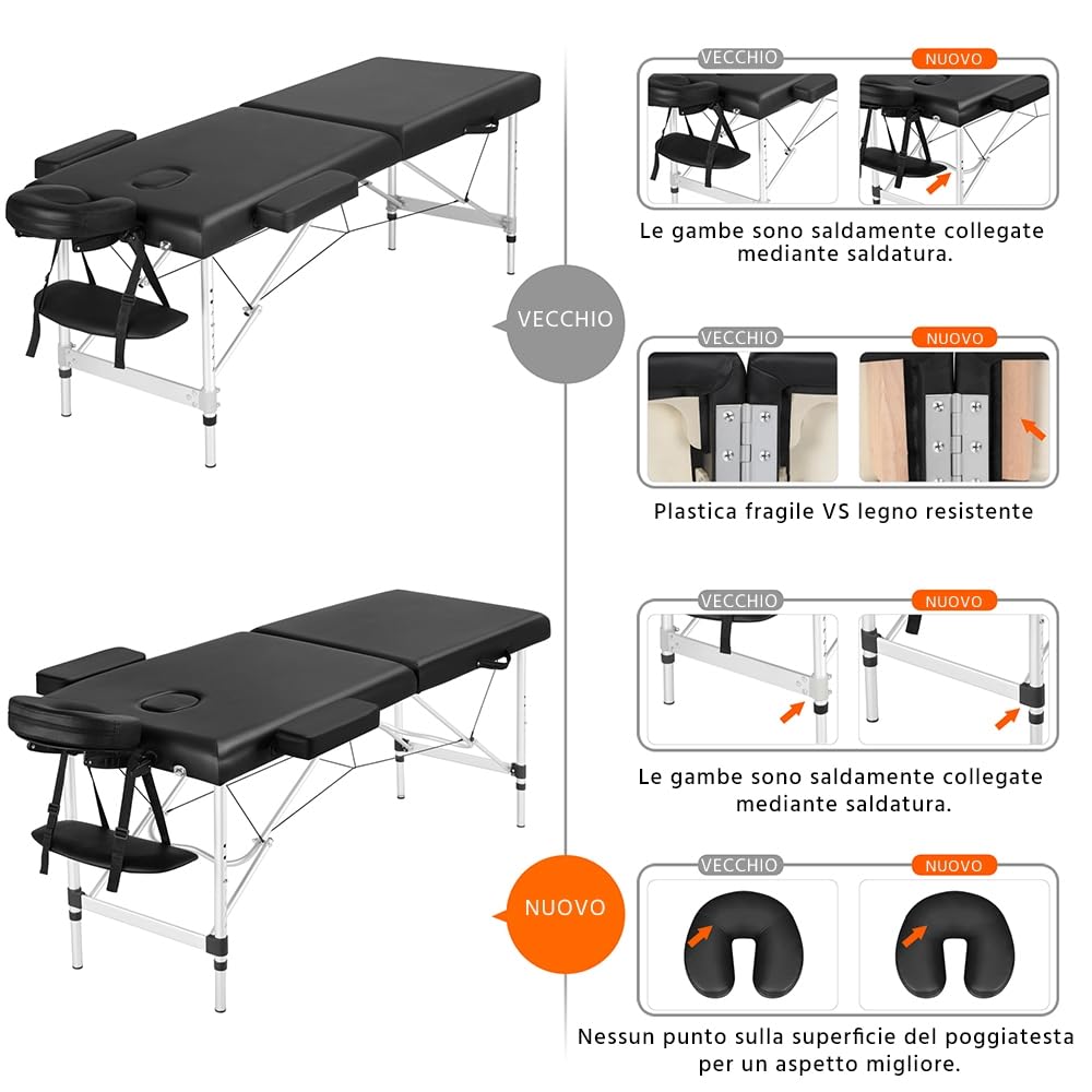 Yaheetech Lettino da Massaggio Pieghevole Portatile Professionale a 2 Zone Alluminio per Fisioterapia Portata 250 kg Altezza Regolabile Poggiatesta e Briaccioli Rimovibili con Borsa 213 x 60 cm Nero
