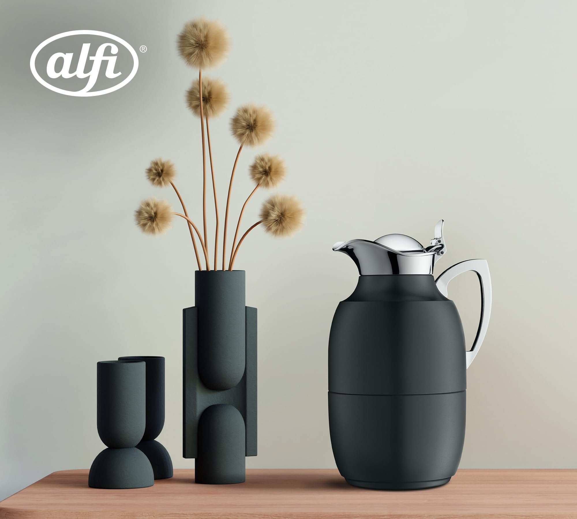alfi JUWEL 1,0l, satin black mat, elegante Isolierkanne mit Hartglaseinsatz, 12h heiß & 24h kalt, ideal als Kaffeekanne, Teekanne