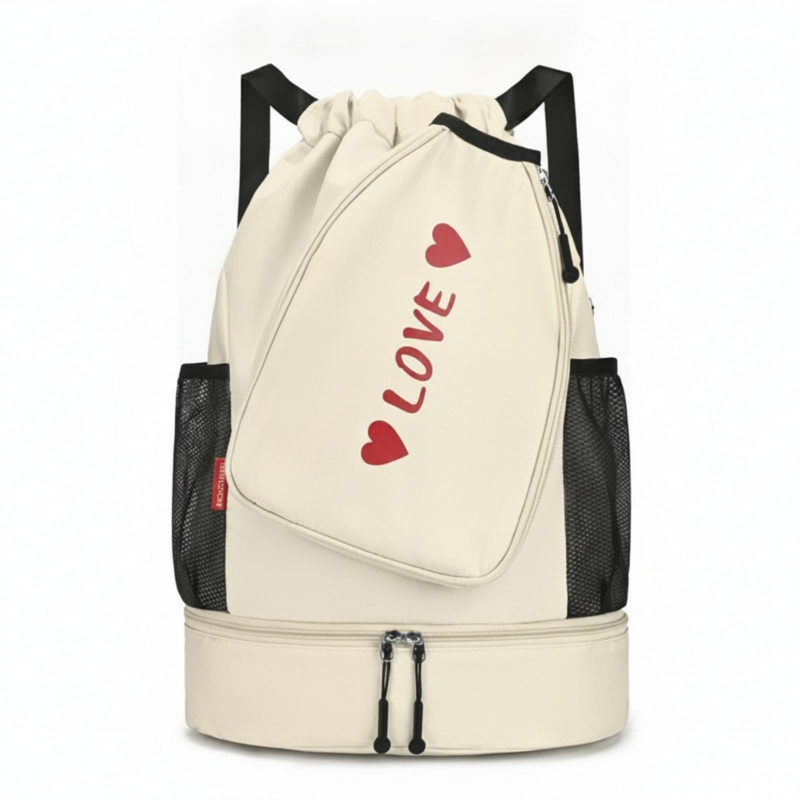 Drawstring Backpack Zippered Multi-Compartment Backpack Mesh Pockets Gym Sack Beige-picture-12