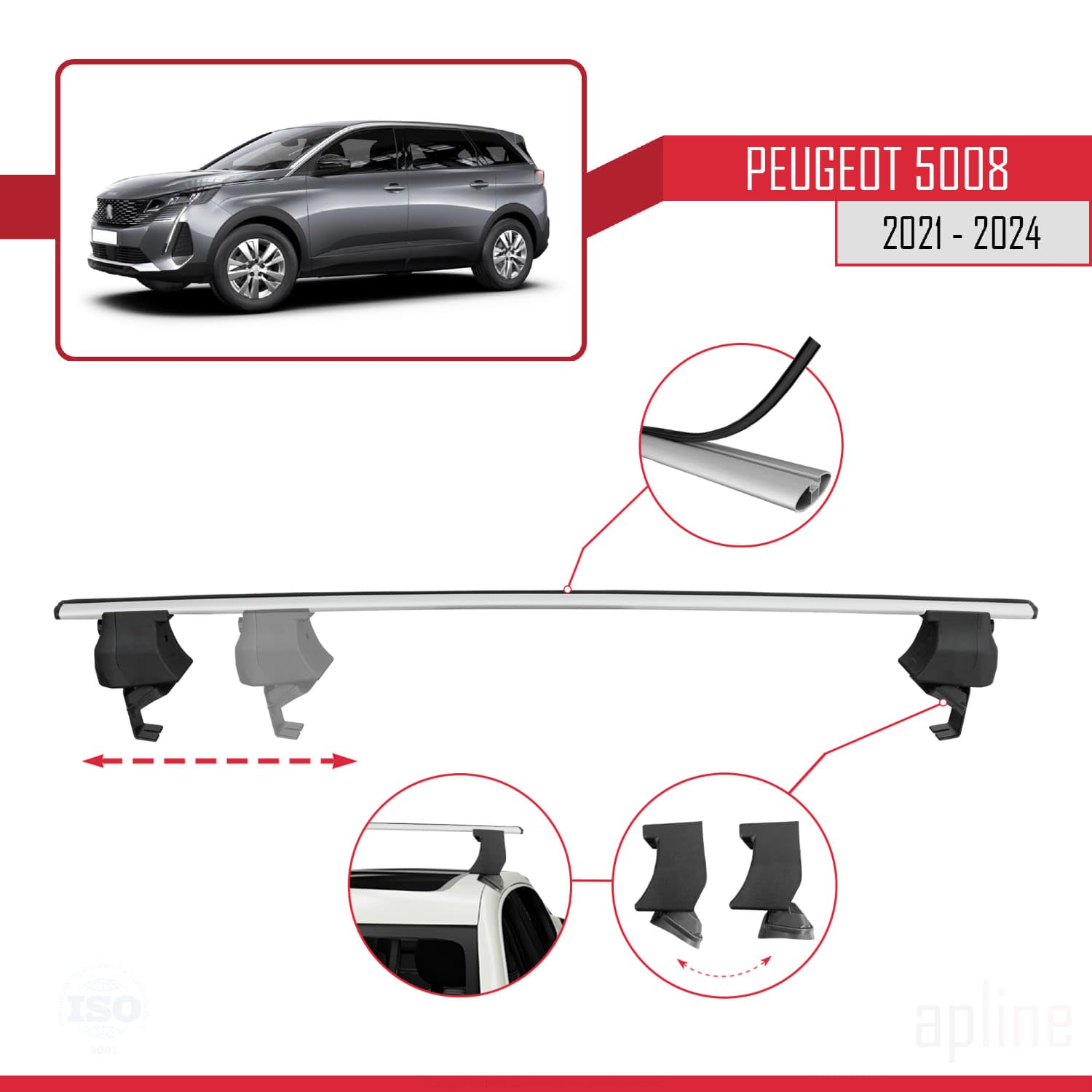 Barras De Techo Para Coche Barras De Techo Para Peugeot 5008 II (2017-2024) - Portaequipajes ACE-2, Aluminio Gris, 2 Barras, Carga 75 Kg Kit Montaje Individual Fácil