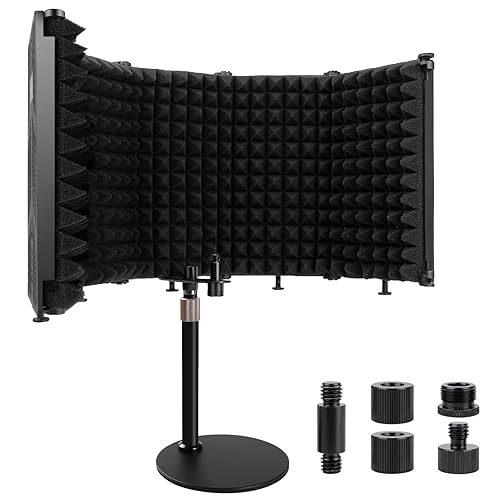 Rigych Microphone Isolation Shield with Mic Stand, Sound Proof Mic Isolation Shield, High Density Absorbent Foam Microphone Stand for Recording Studio Vocal Booth Equipment, 5 Panels - 5P
