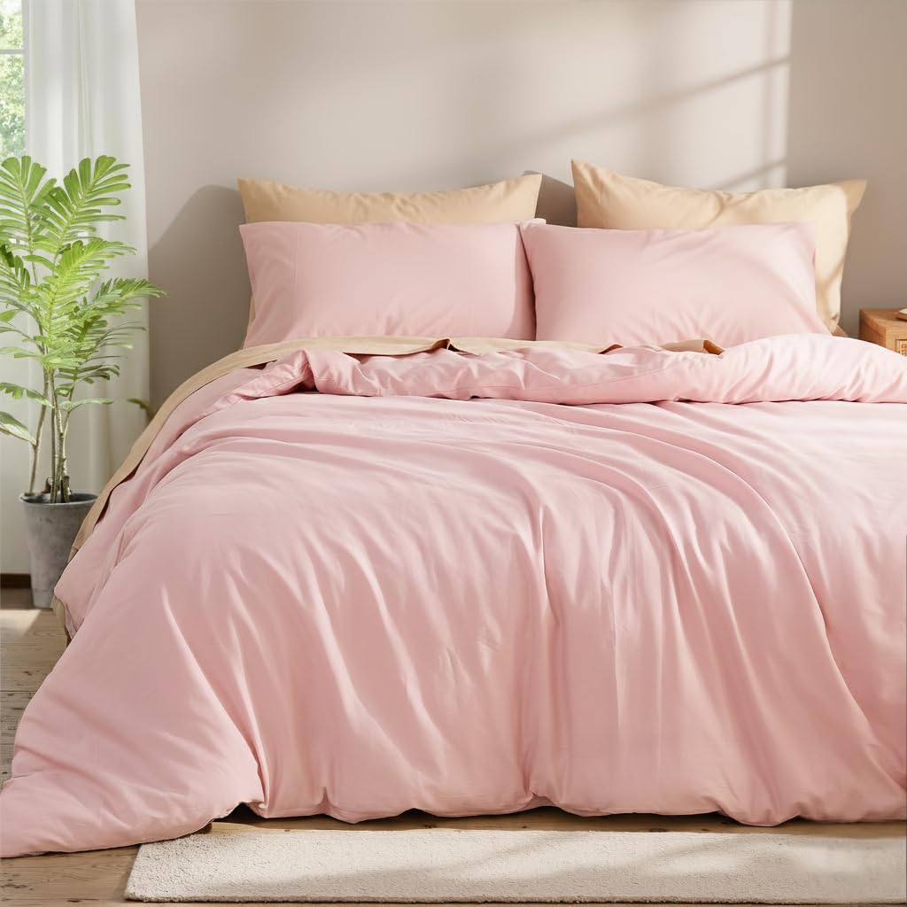 Set copripiumino in 100% cotone, per letto matrimoniale, rosa, consistenza simile al lino, super morbido e traspirante, leggero, 3 pezzi, in percalle resistente, per tutte le stagioni