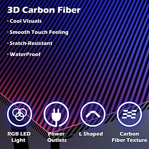 Superjare L Shaped Gaming Desk With Power Outlets & Led Lights, Carbon Fiber Surface, Computer Desk With Monitor Stand, Home Office Desk Corner Desk With Cup Holder & Hooks, Black #TOP7