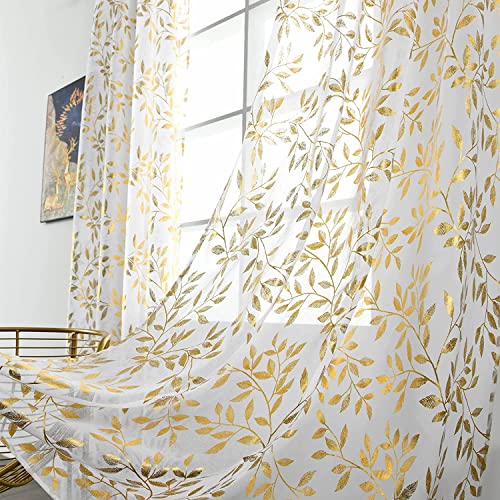 Sutuo Home White Sheer Curtains 72 Inch Length 2 Panels Set, Gold Foil Print Metallic Bronzing Leaves, Privacy Voile Window Treatment Decor Drape Pair for Bedroom Nursery Room 52" W x 72" L