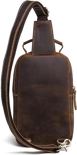 Miniatura 3 de KPYWZER Mochila cruzada de cuero genuino para hombre, bolsa de pecho, senderismo, viajes, mochila, #61Marrón Profundo, Vintage