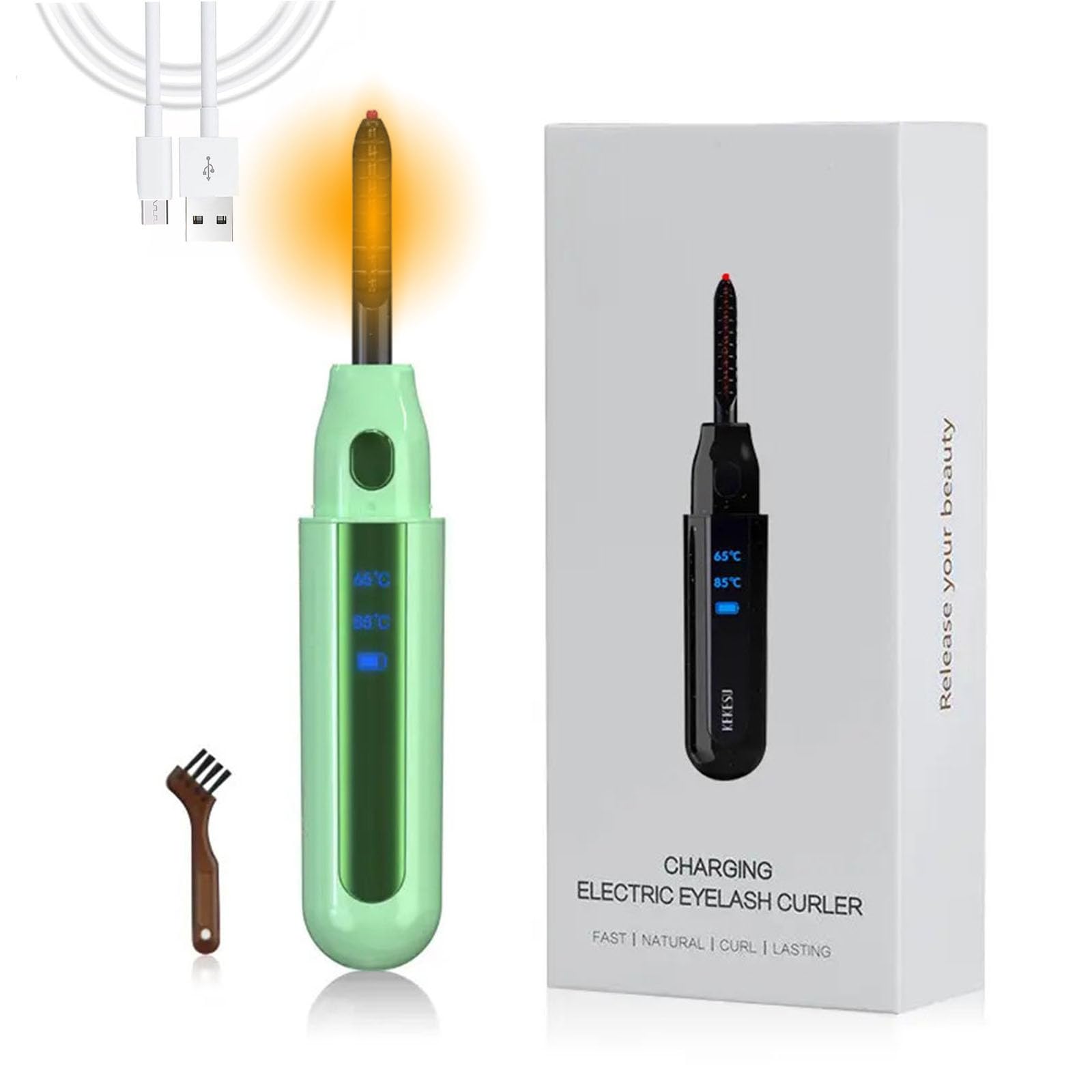 Rizador de Pestañas Eléctrico,Rizador de Pestañas Calentado, Calentamiento Rápido, USB Recargable, Temperatura Ajustable en 2 Pasos, Rizado Natural de Larga Duración (Verde)