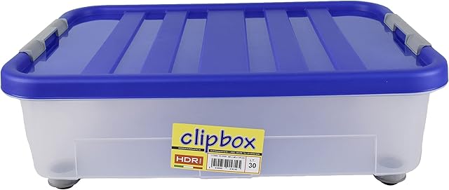 Sterling Ventures Heavy Duty Clear Plastic Multipurpose Underbed Storage Clip Box with Wheels 30L (Blue)