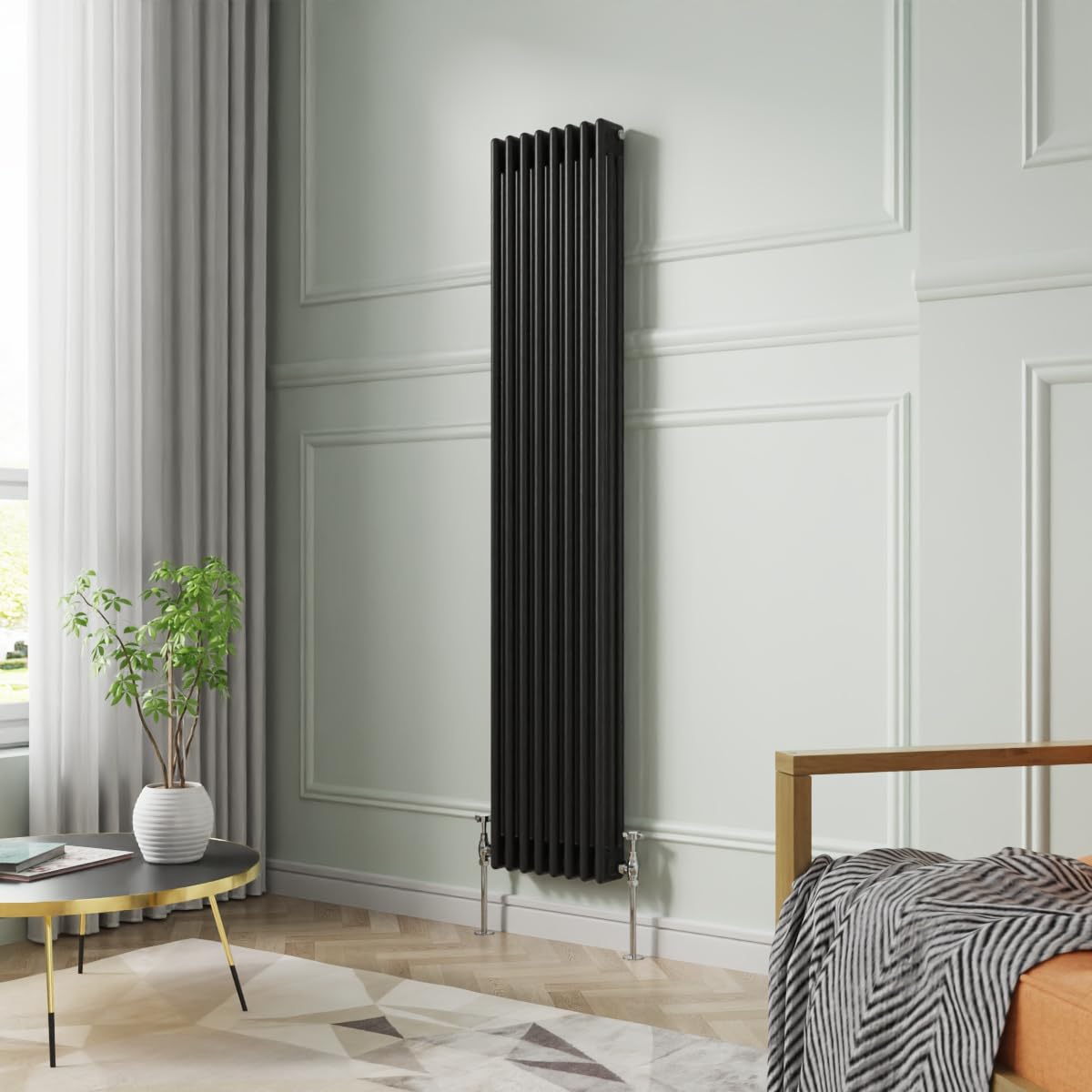 NRG 1800 x 380mm Traditional Black Vertical Cast Iron Style Radiator Triple Panel — image 1