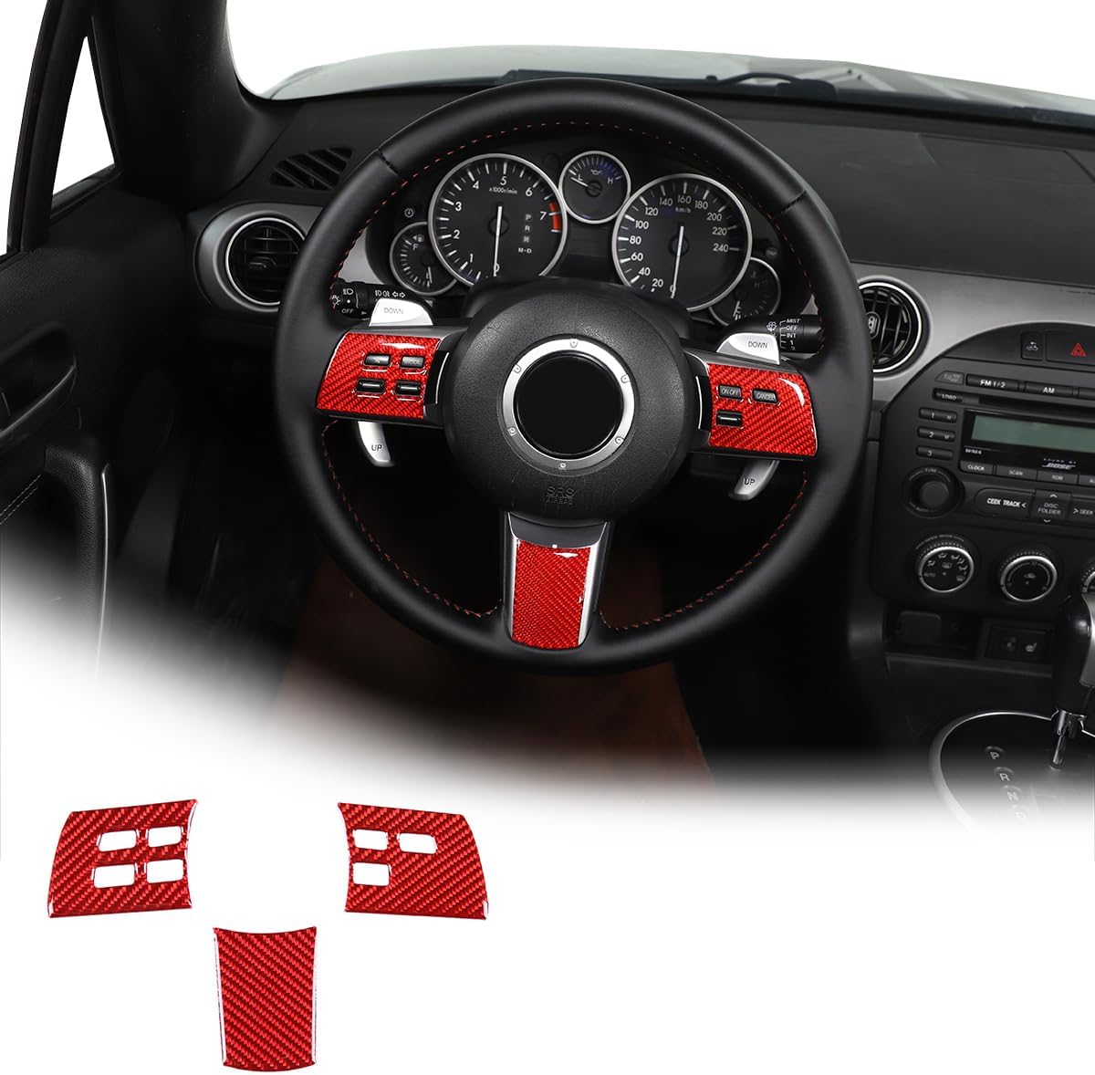 3pcs Car Soft Carbon Fiber Center Console Button Molding Trim Frame,for Mazda MX-5 2009 2010 2011 2012 2013 2014 Center Console Button Protected Frame (Red Carbon Fiber)