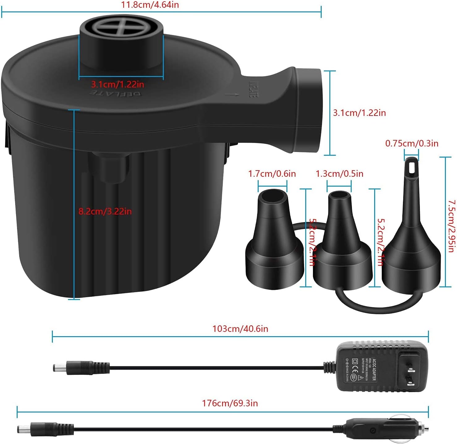 Air Pump for Pool inflatables - Electric air Pump, Portable air Pump with 3 nozzles,Quick-Fill AC/DC Inflator Deflator air Mattress Pump for Pool Floats, Inflatable Pool,Couch,Bed Camping Accessories: Sports & Outdoors