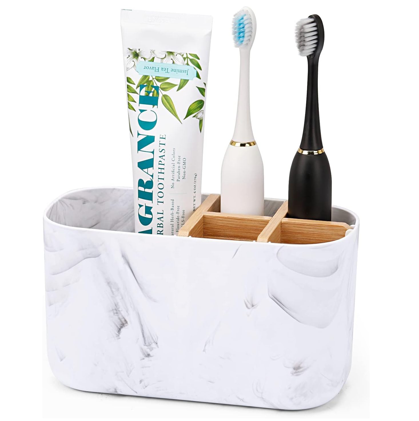 Panchhi Store Tooth Brush Holder for Bathroom 5 Slots Bamboo Toothbrush Holder Electric Toothbrush Holder and Toothpaste Holder for Bathroom Countertop Accessories Storage White Marble Print Pack of 1
