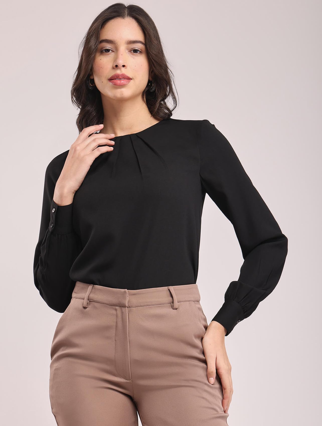 Classic Crew Neck Front Pleat Detail Women Top with Full Sleeves, Gathered Cuff and Pull on Regular - Image 3 thumbnail