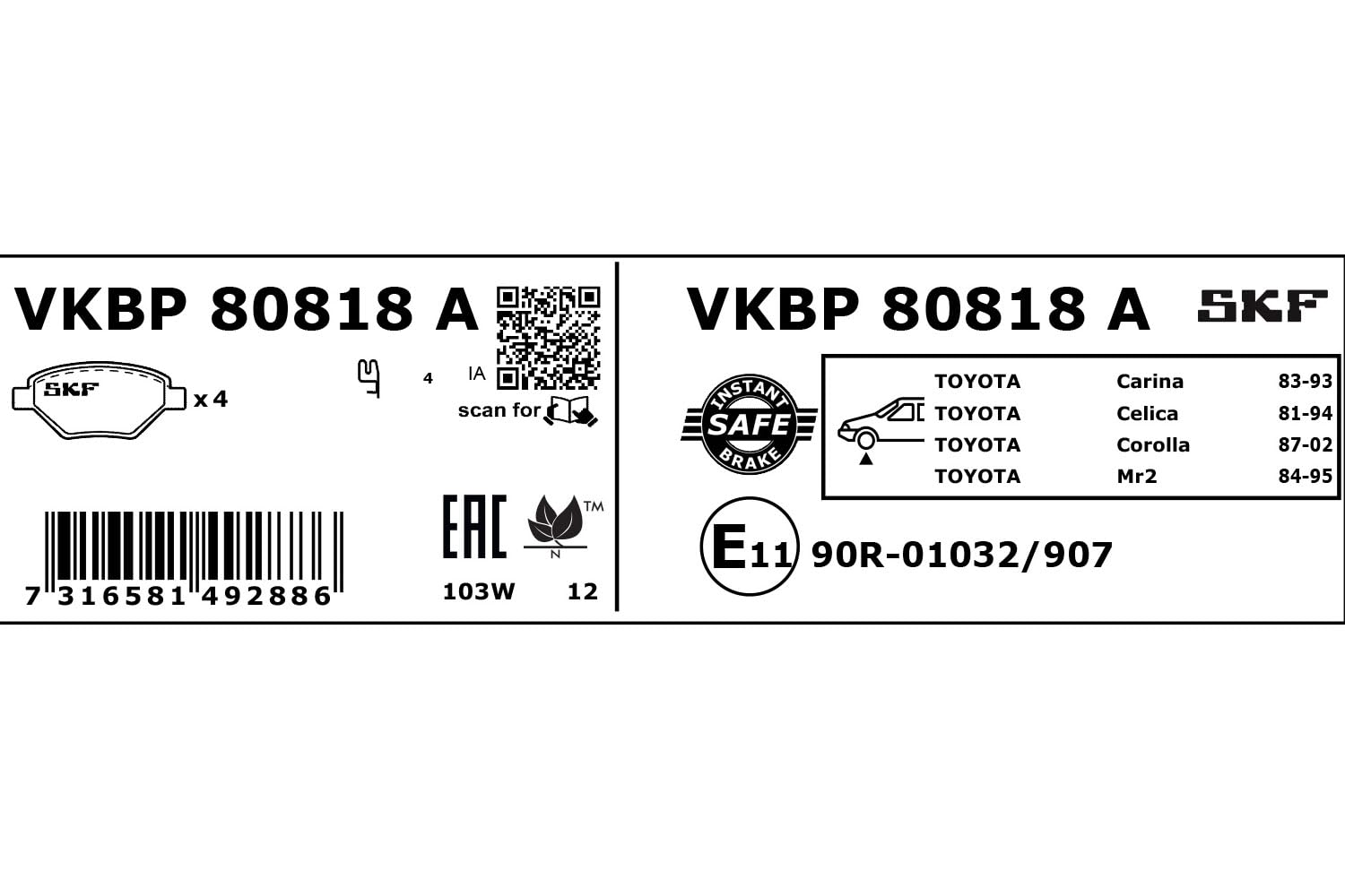 SKF Bremsbelagsatz, Scheibenbremse VKBP80818A