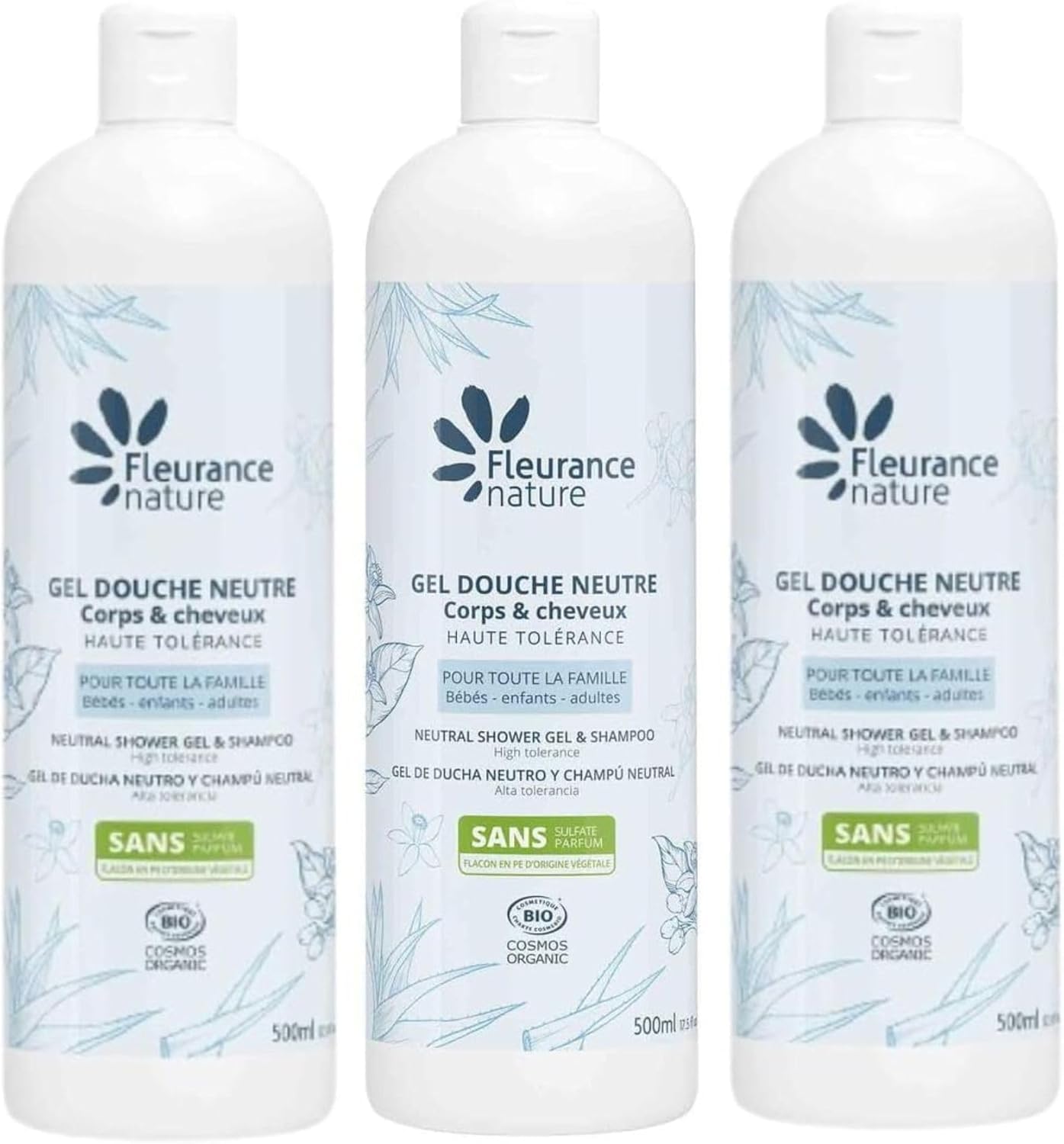 Fleurance Nature- Gel douche Neutre-Certifié Bio Cosmos Ecocert- 500m-(Lot de 3) ph neutre, sans savons- sans parfums- extra doux- pour peau sensible et atopique- pour adulte, enfant et bébé- 23143