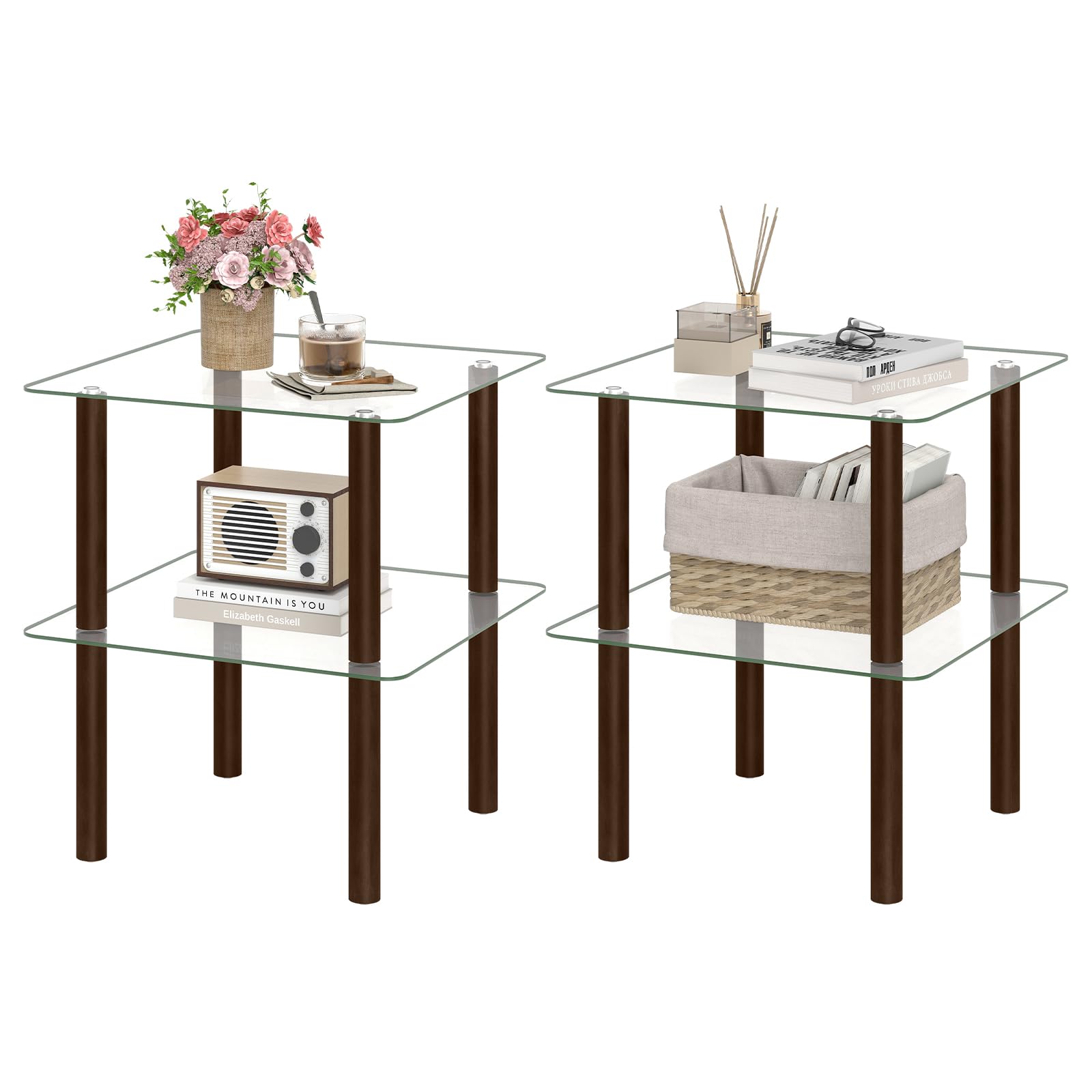 Giantex Square End Table Set of 2, 2-Tier Sofa Side Table with Clear Tempered Glass Top &amp; Shelf, Small Accent Table with Solid Rubber Wood Legs for Living Room Bedroom Home Office (Brown &amp; Clear)