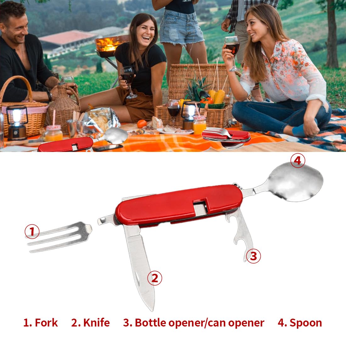 1 Pezzo Posata 4 in 1 Pieghevole, Campeggio Multiuso, Acciaio Inossidabile, Posate Da Viaggio, Set Posate Campeggio, Escursioni, Picnic