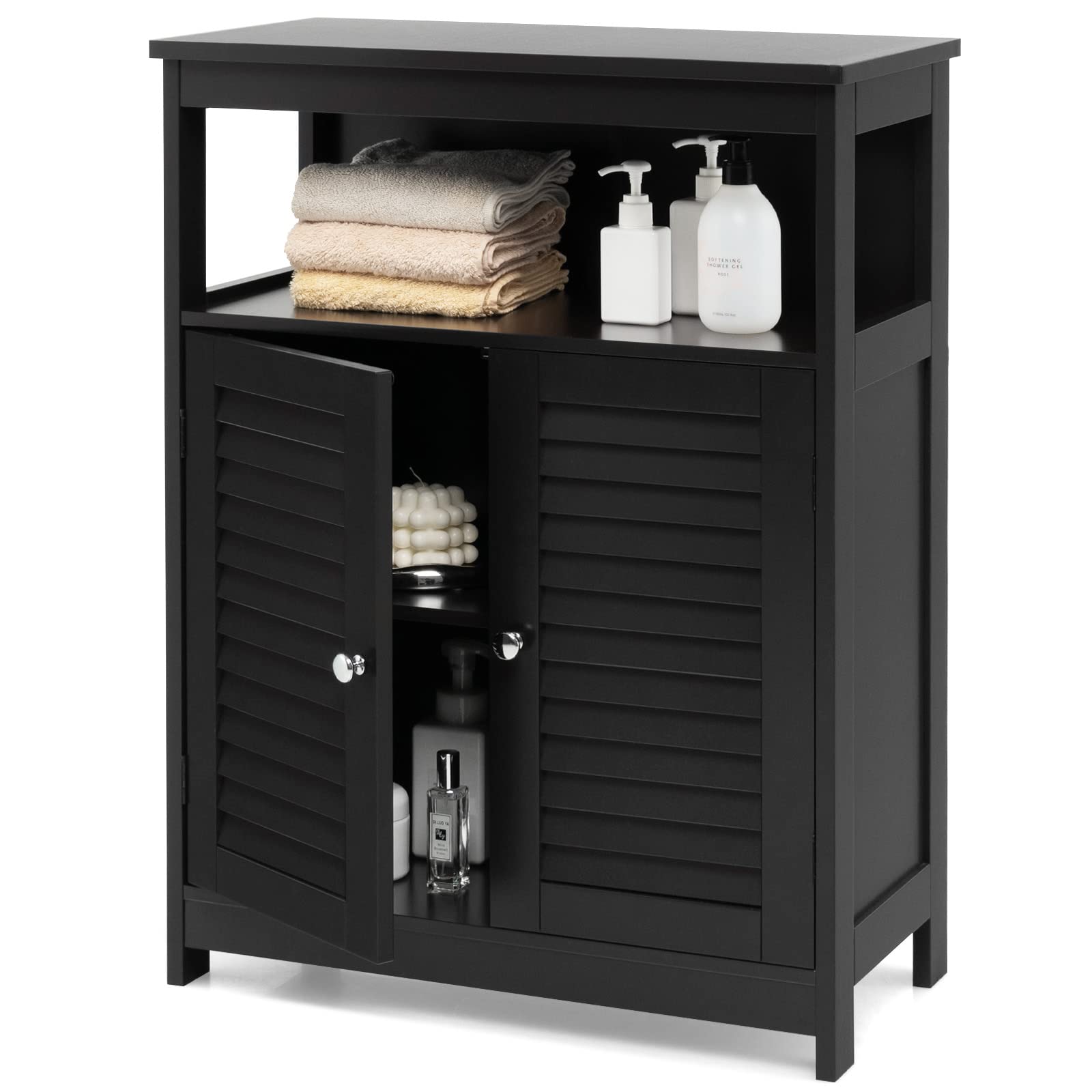 GLACER Bathroom Floor Cabinet, Wooden Storage Cabinet with Double Shutter Doors & 3-Position Adjustable Shelf, Side Storage Organizer, 23.5 x 12 x