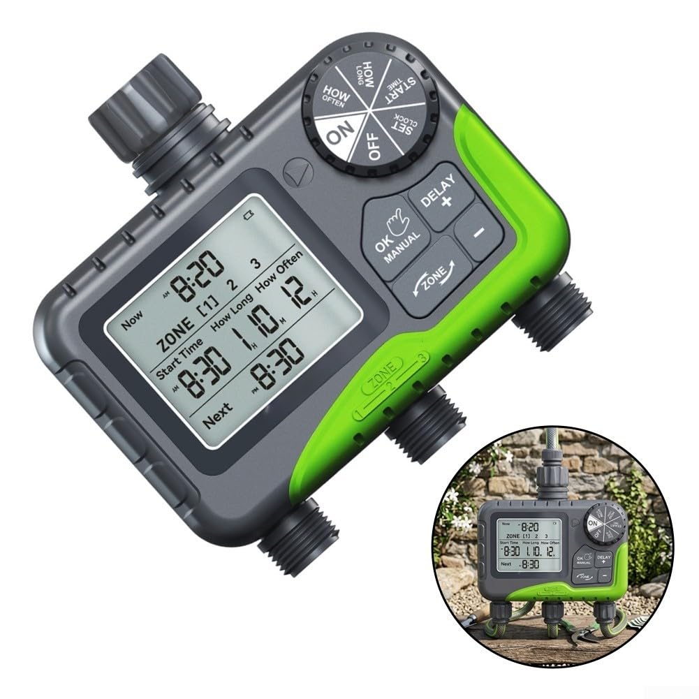Controlador de riego impermeable IP65, pantalla LCD de 3 zonas